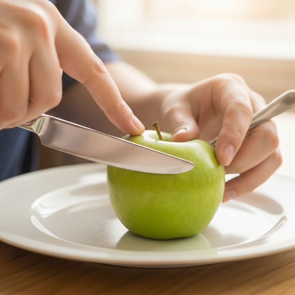 Hands cutting fruit slowly