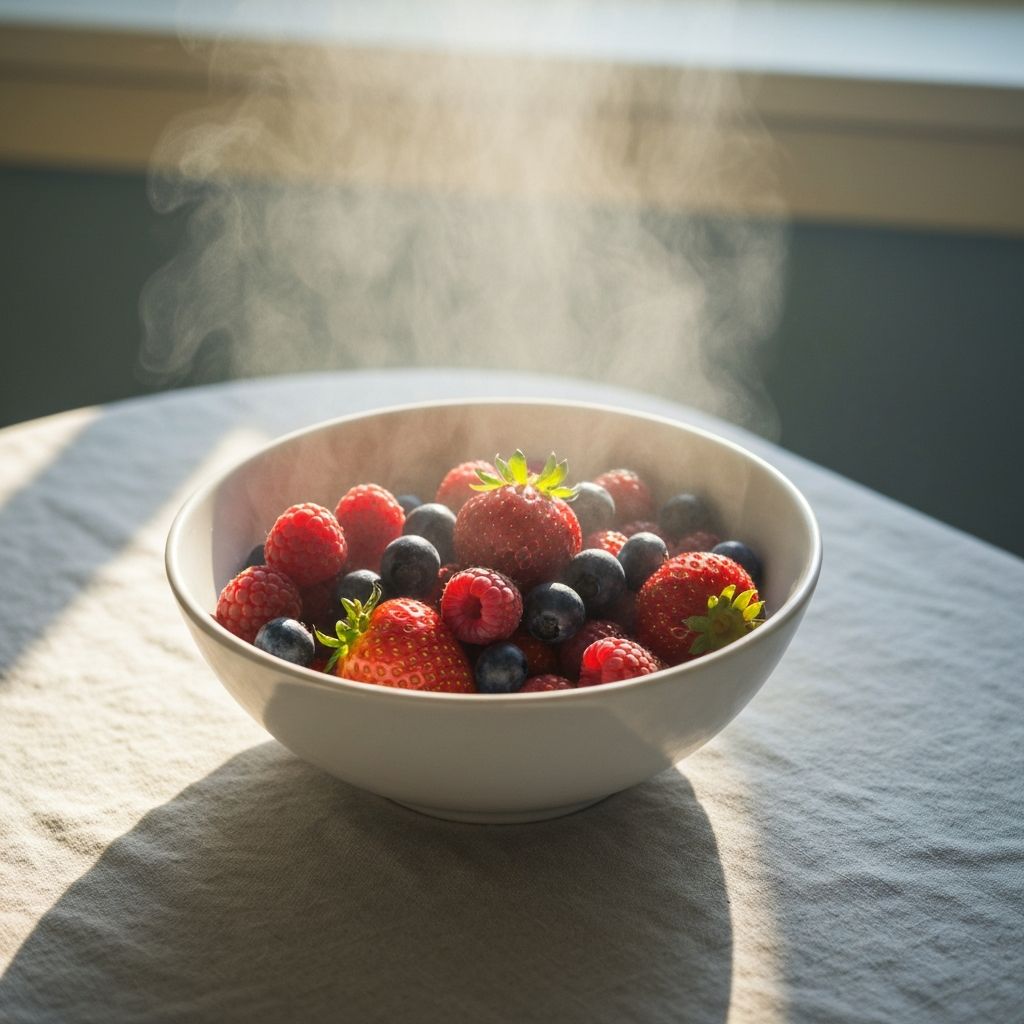 Calm bowl with berries and morning mist